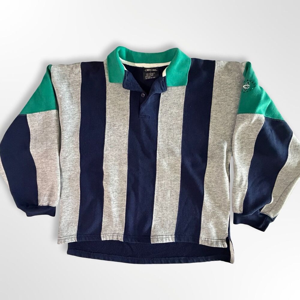 VTG 90s Cherokee Long Sleeve Polo Sweatshirt, L Vertical Stripes Navy Gray Green